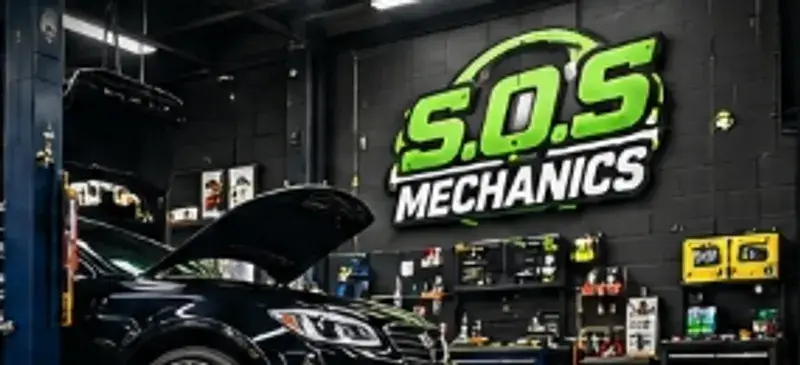 Inside the S.O.S Mechanics workshop with a car raised on a lift
